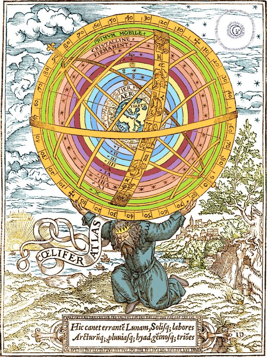 Renaissance woodcut of Coelifer Atlas bearing the celestial armillary sphere