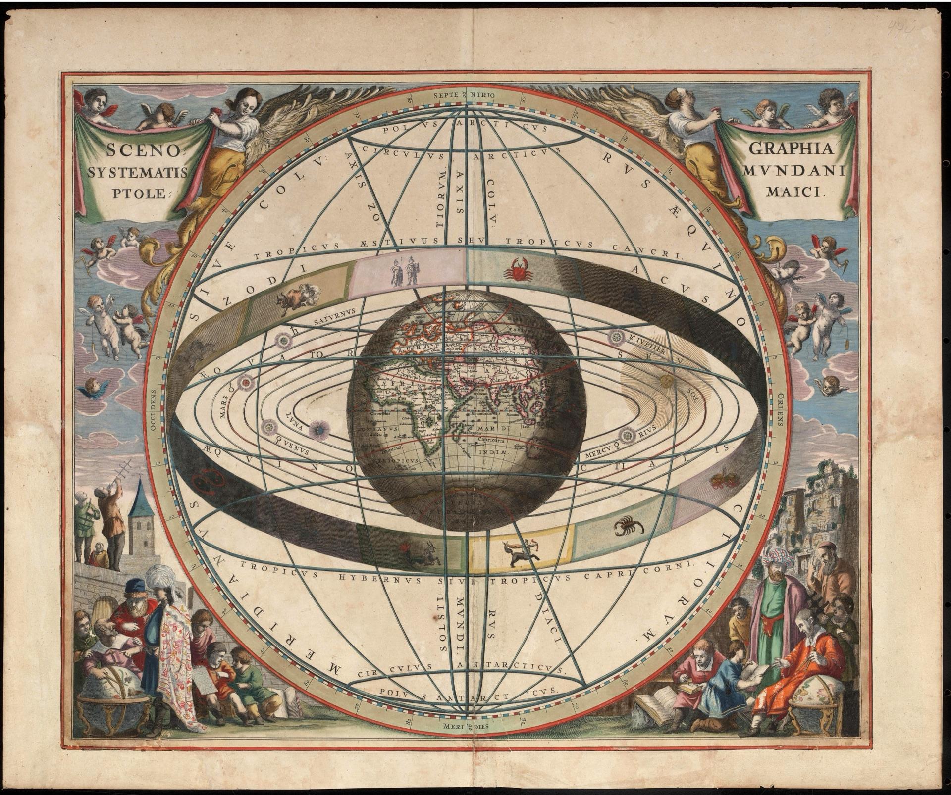The Ptolemaic (geocentric) model of the universe, hand-coloured celestial map
