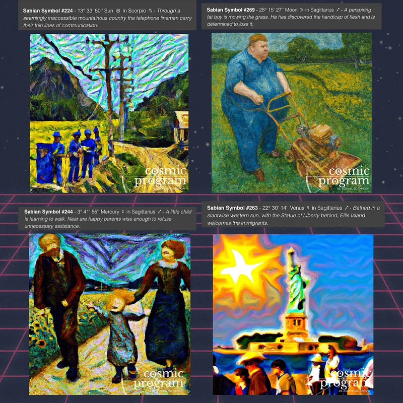 Fig 3. The collection of AI-generated images by Cosmic Program corresponding to the Sabian Symbols for the exact zodiacal degrees associated with the Sun, Moon, Mercury, & Venus of the election horoscope. Refer to the text above each image and the collection in Fig 1 & the link for further analysis.