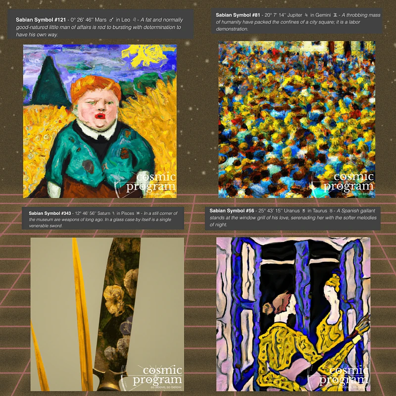 Fig 4. The collection of AI-generated images by Cosmic Program corresponding to the Sabian Symbols for the exact zodiacal degrees associated with the Mars, Jupiter, Saturn, Uranus of the election horoscope. Refer to the text above each image and the collection in Fig 1 & the link for further analysis.