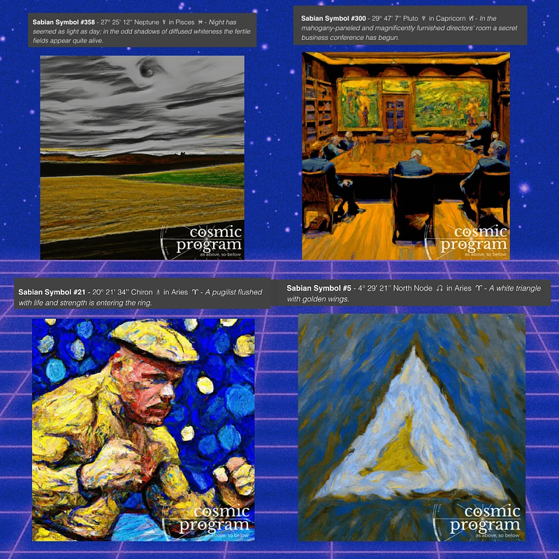 Fig 5. The collection of AI-generated images by Cosmic Program corresponding to the Sabian Symbols for the exact zodiacal degrees associated with the Neptune, Pluto. Chiron, North Node (Rahu) of the election horoscope. Refer to the text above each image and the collection in Fig 1 & the link for further analysis.