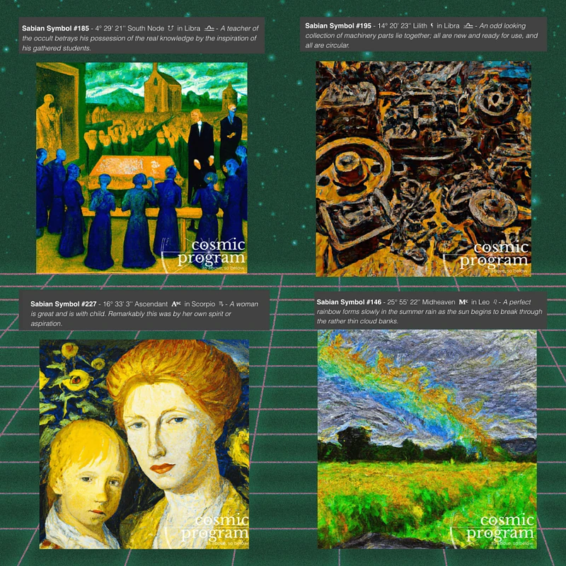 Fig 6. The collection of AI-generated images by Cosmic Program corresponding to the Sabian Symbols for the exact zodiacal degrees associated with the South Node (Ketu). Lilith, AC & MC of the election horoscope. Refer to the text above each image and the collection in Fig 1 & the link for further analysis.