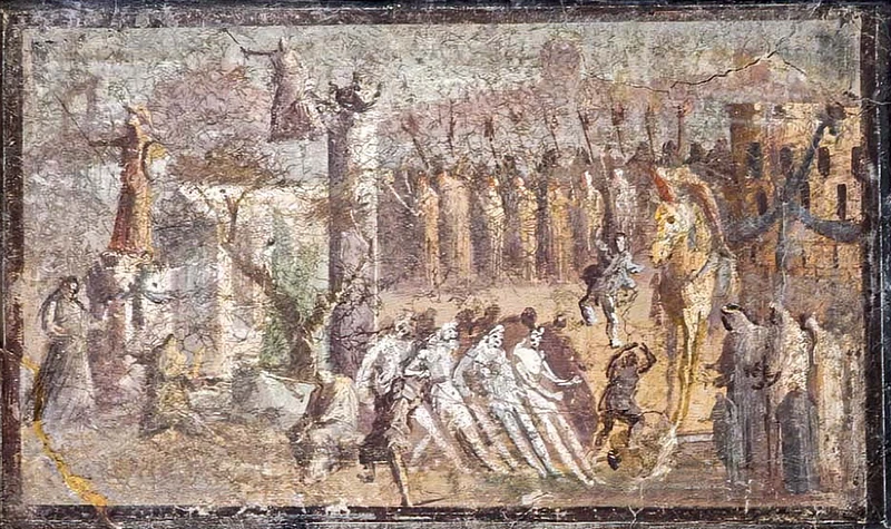 Fig 2. Roman fresco depicting the arrival of the Trojan horse before the gates of Troy found in the House of Cipius Pamphilus Felix (Pompeii VII 6,38) recovered during excavations in 1761 (unknown 1st century CE Roman artist, Public domain, via Wikimedia Commons)