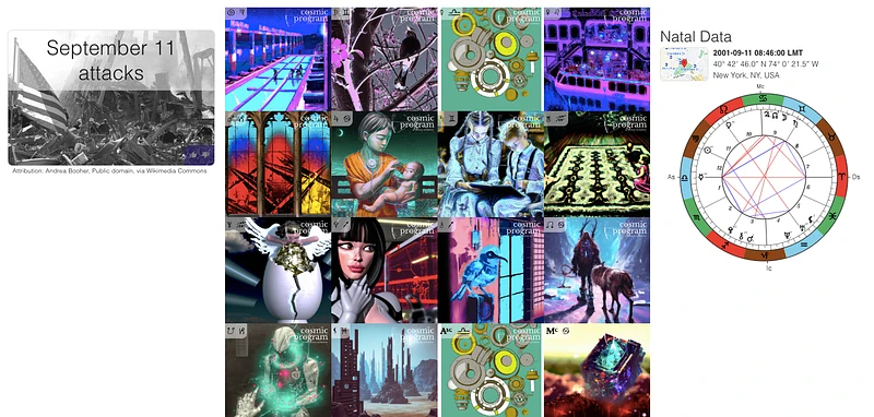 Fig 5. The collection of AI-generated images by Cosmic Program corresponding to the Sabian Symbols for the exact zodiacal degrees of the main cosmic placements for the September 11 attack’s Horoscope/QR Code.