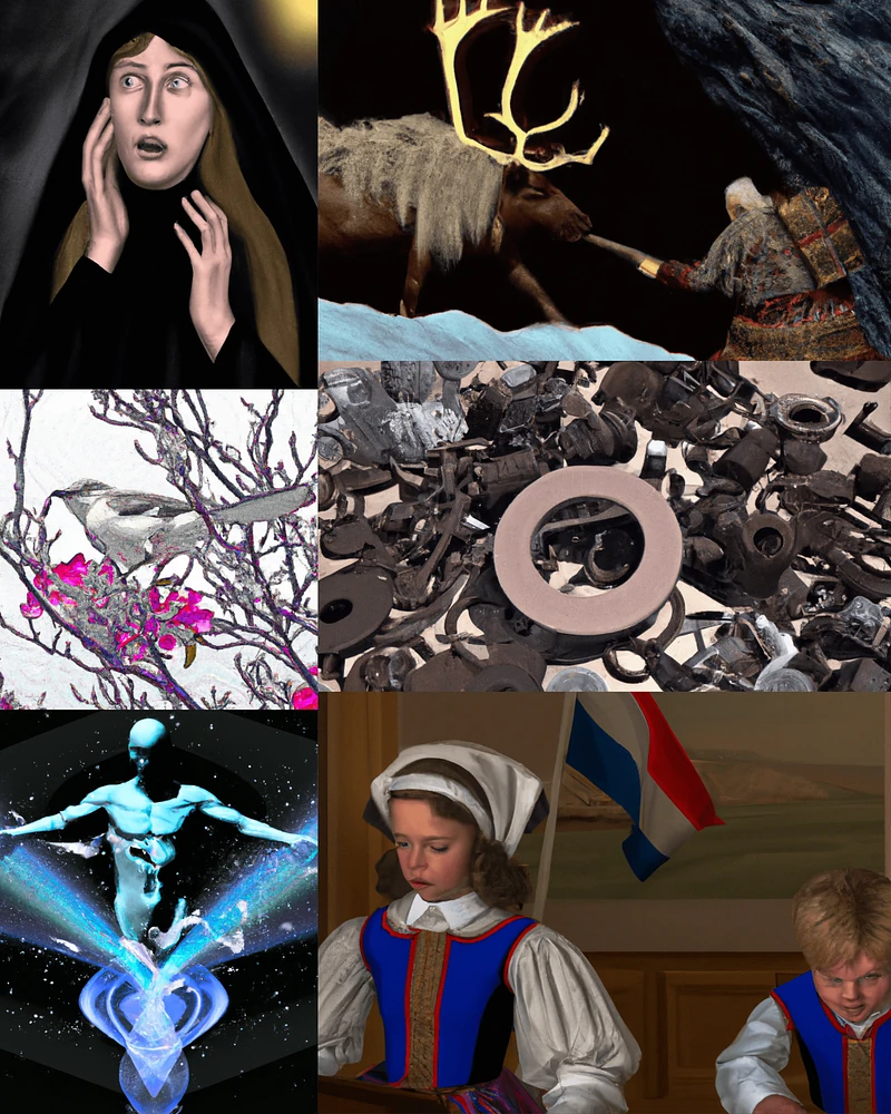 Fig 6 . The AI-generated images by Cosmic Program corresponding to the various symbols for the September 11th chart. Refer to the Sabian Symbols included in text for more information.