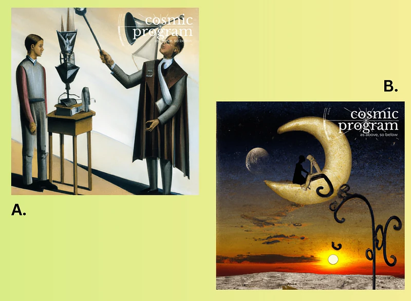Fig 7. The AI-generated images corresponding to the Symbols for A. North Node/Rahu and B. South Node/ Ketu in Oppenheimer’s chart, refer to text and the link in the reference section for further analysis.