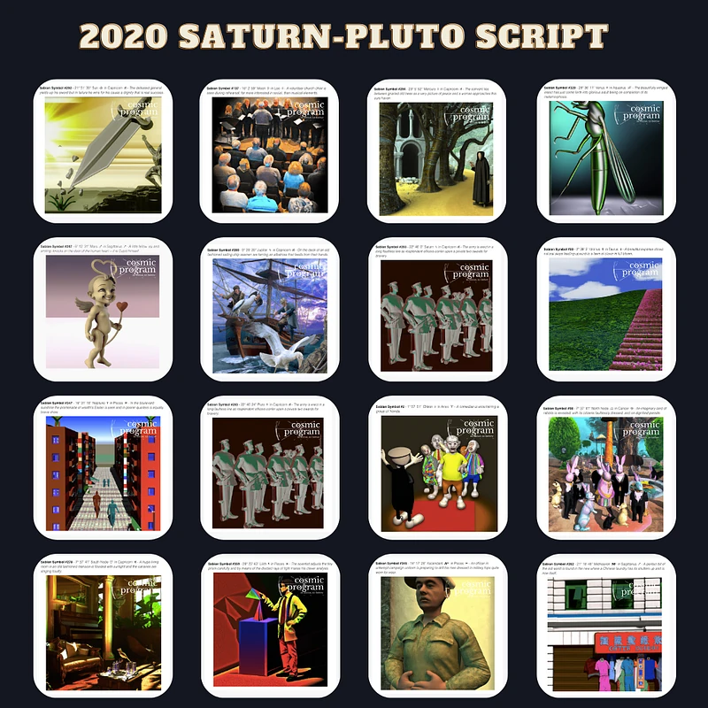 Fig 10. Collection of AI-generated Sabian Symbols by Cosmic Program for the exact zodiacal degrees of the rare Saturn-Pluto in Capricorn configuration (3). Note: Due to access to accurate birth time for this event, all placements are considered and presented here .