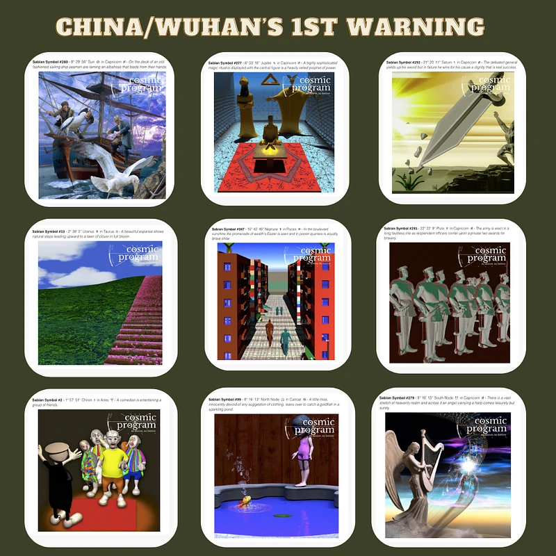 Fig 7. Collection of AI-generated Sabian Symbols by Cosmic Program for the exact zodiacal degrees of the first Chinese warning of the new virus. Note: Due to absence of birth time for the event, the degrees of the moon and the main glyph are not presented here nor considered in our analysis (10).