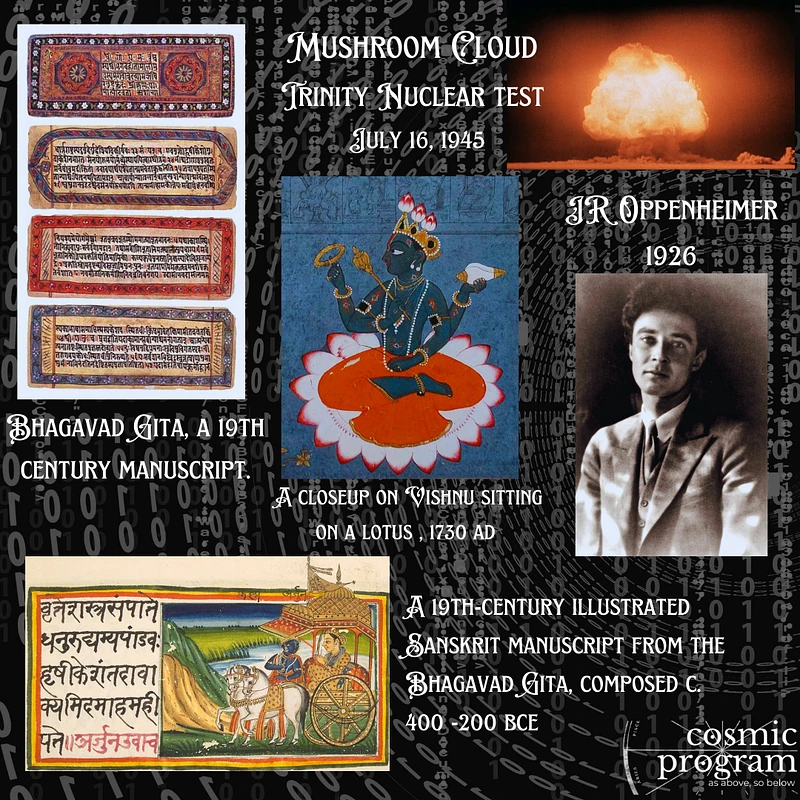 Fig. Various Public Images of J. Robert Oppenheimer, the Trinity Nuclear Test, and the Hindu Scriptures He Studied