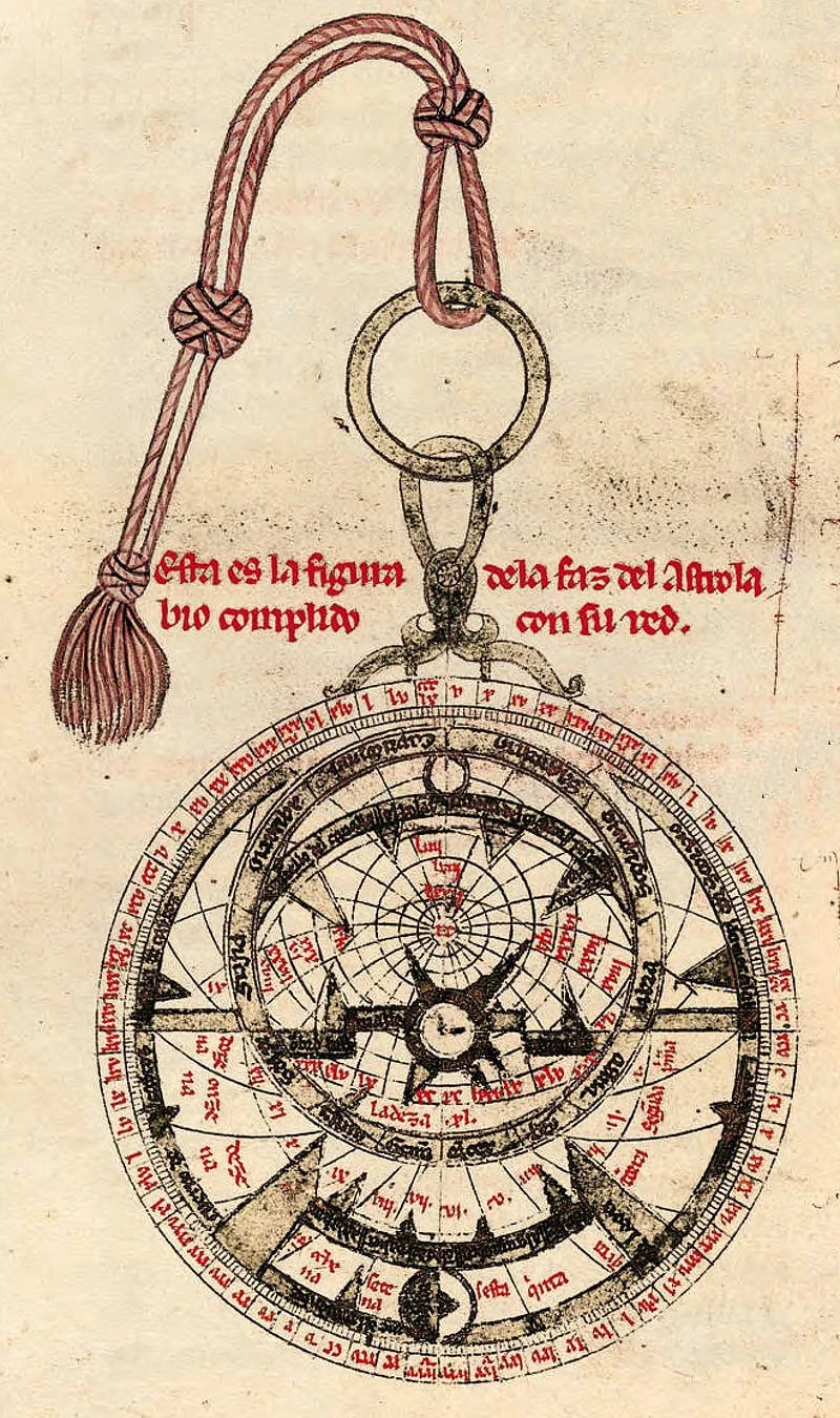 Fig . An astrolabe from “Books of knowledge” ( Un astrolabe du “Libros del saber”) between 1276- 1279 AD. Source: Projet piloté par Alphonse X le Sage, Public domain, via Wikimedia Commons