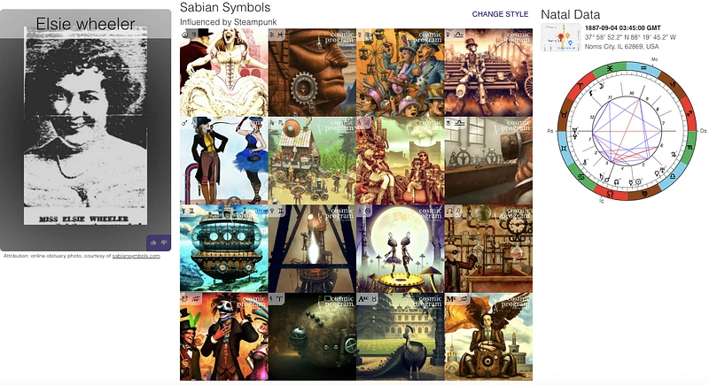 The collection of Sabian Symbols corresponding to the Cosmic QR Code/Horoscope of Elsie May Wheeler