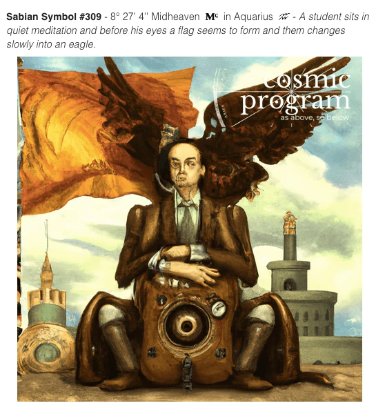 The symbol corresponding to the Midheaven/MC for Elsie Wheeler. MC point correlates with (or codes for ) one’s career. The phrase is included above the image.