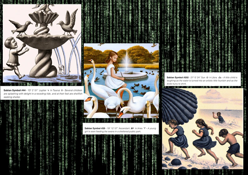 Fig 10. Selected AI-generated images by Cosmic Program are presented, corresponding to the chart of the first phase of the Solar Eclipse of Oct 14th, 2023. Children seems to be highlighted (in 3 prominent placements for the Sun, Jupiter, and the Ascendent). Please refer to the collection for your own interpretations (refs:3–5).