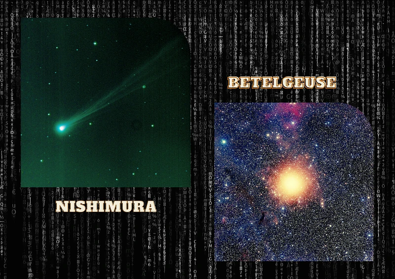 Fig 17. Image on the left is comet Nishimura: Image taken on Sep, 5, 2023, by Alex Liang, using Slooh’s CDK17 telescope (image’s colour is filtered to emphasise the colour green by Cosmic Program). Image on the right is Betelgeuse star, image by Adam Block/ Steward Observatory/University of Arizona.