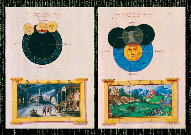 Fig 7. Images from 1554 book ‘Tabulae Eclipses’ ( Eclipses luminarium ) published by Cyprián Karásek Lvovický’s (Cyprian Leowitz): The book includes precise eclipse predictions, including dates, times, durations, and the locations where the eclipses are observable (refs: 16, 17)
