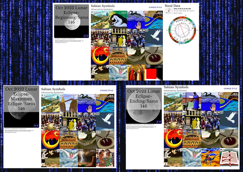 Fig 9. The collection of AI-generated images by Cosmic Program corresponding to the event chart and Sabian Symbols associated with the the three important phases of the Oct 28th, 2023 Lunar Eclipse event (refs: 6–8).