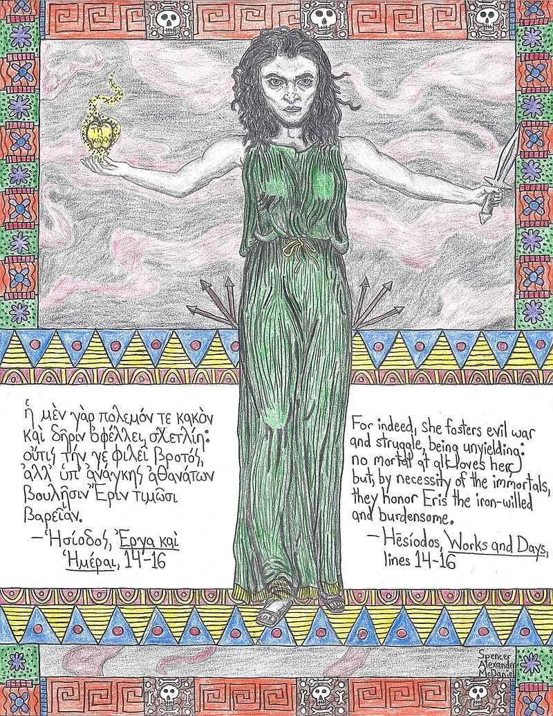 Figure 1. Pencil illustration of Eris, the Greek Goddess of Discord (Spencer Alexander McDaniel, 2020). “Her peplos is green, symbolising envy, a common source of strife. In her right hand, she holds golden apple with the words “τῇ καλλίστῃ” on it. In her left hand, she holds a xiphos, a kind of ancient Greek sword. A passage from Hesiodos’s Works and Days is written in Greek on her right” ( Wikimedia Commons )