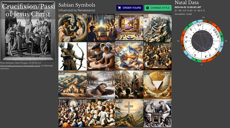 Fig 1. Collection of AI-generated Sabian symbols by Cosmic Program, based on the widely accepted historical consensus for the date and time of the Crucifixion of Christ (April 3, 33 AD, 3 PM, Jerusalem). See the main text below as well as the ‘about’ section from our archive for a detailed explanation of our choice of this date and time.