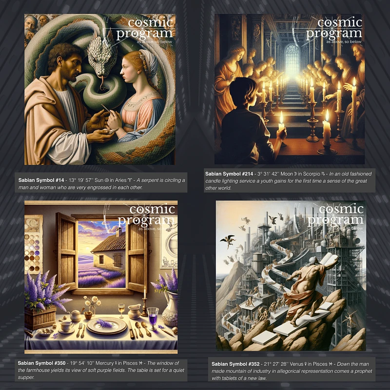 Fig 2. The collection of AI-generated images by Cosmic Program corresponding to the Sabian Symbols for the exact zodiacal degrees associated with the Sun, Moon, Mercury & Venus of the crucifixion horoscope. Refer to the text below each image and the collection in Fig 1 & the link for further analysis.