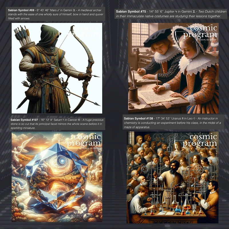 Fig 3. The collection of AI-generated images by Cosmic Program corresponding to the Sabian Symbols for the exact zodiacal degrees associated with the Mars, Jupiter, Saturn & Uranus of the crucifixion horoscope. Refer to the text above each image and the collection in Fig 1 & the link for further analysis.