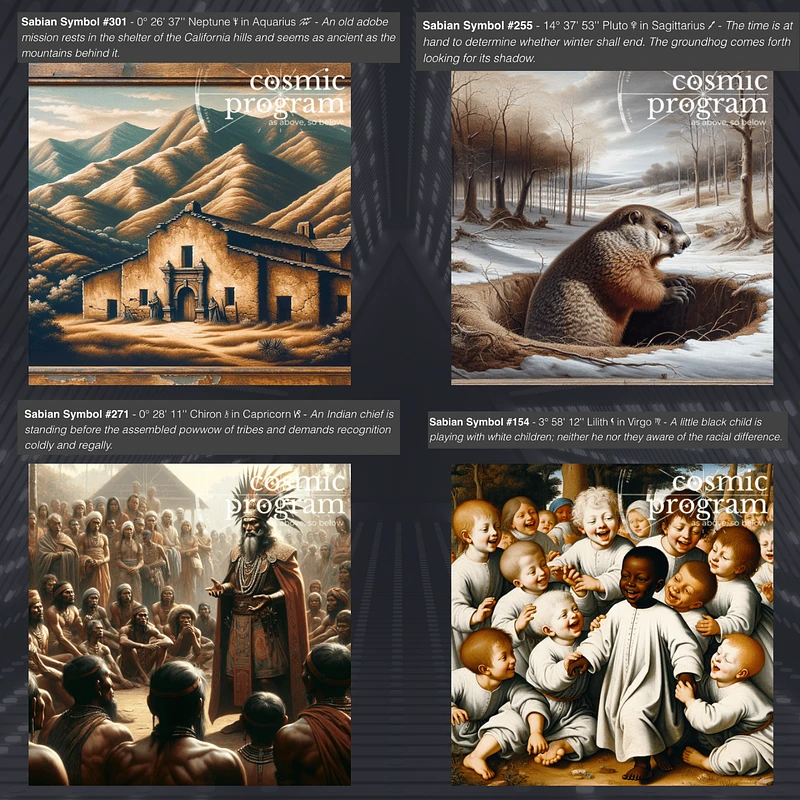 Fig 4. The collection of AI-generated images by Cosmic Program corresponding to the Sabian Symbols for the exact zodiacal degrees associated with the Neptune, Pluto, Chiron & Lilith of the crucifixion horoscope. Refer to the text above each image and the collection in Fig 1 & the link for further analysis.